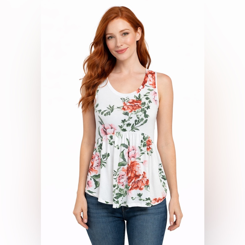 Viamor Floral Babydoll Tank Top White Pink Boutique Style